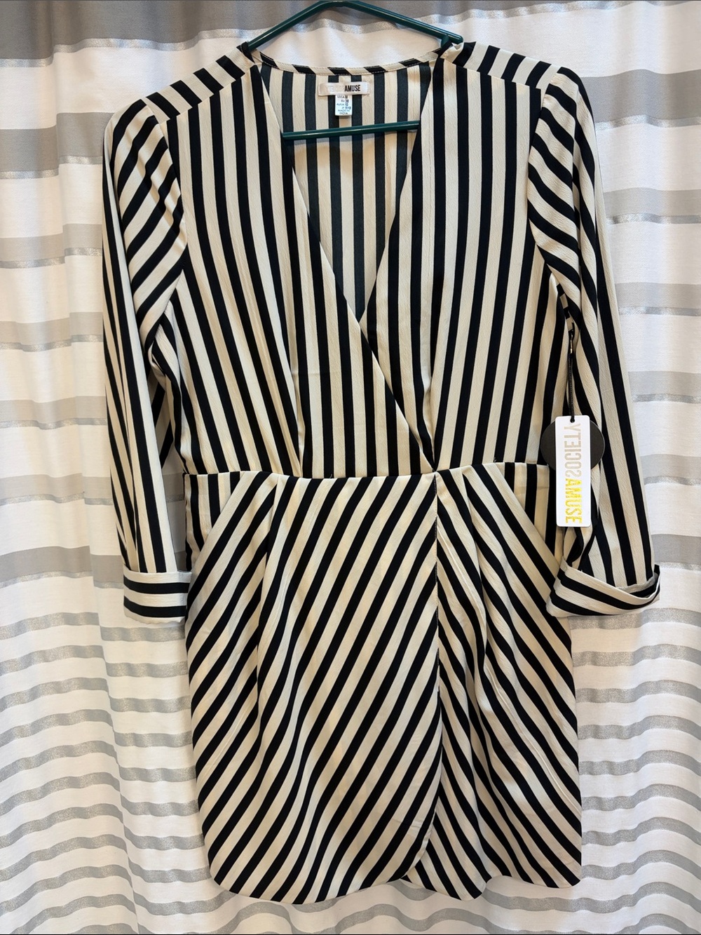 Amuse Society Black and White Striped Wrap-Style Long Sleeve Dress